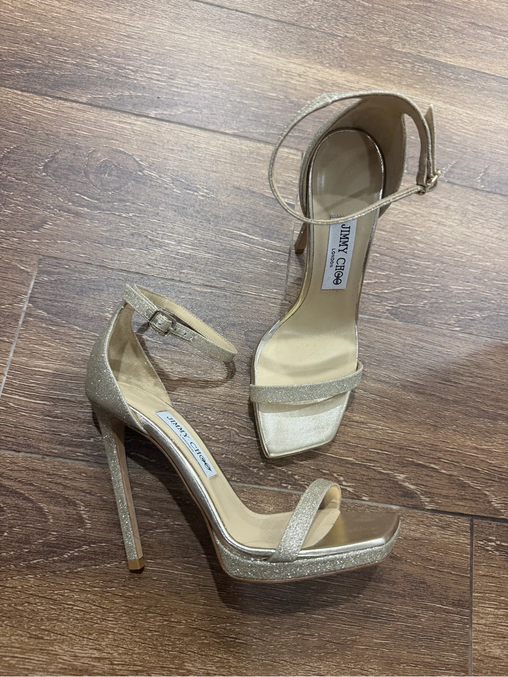 Jimmy Choo Champagne Gold Glitter Ankle-Strap Stiletto Sandals